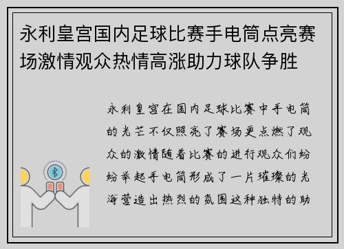 永利皇宫国内足球比赛手电筒点亮赛场激情观众热情高涨助力球队争胜